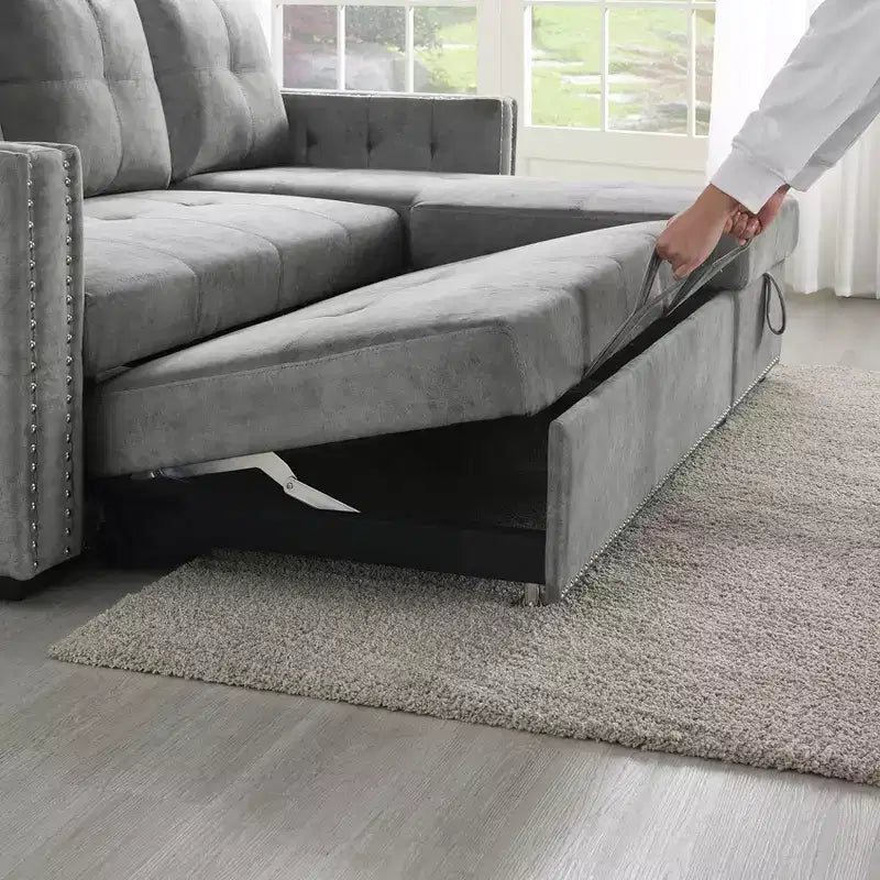 Velvet Sectional Sleeper Sofa Bed Button Tufted Couch with Reversible Storage Chaise - Morden Fort