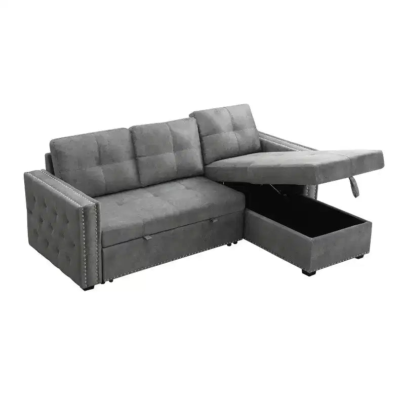 Velvet Sectional Sleeper Sofa Bed Button Tufted Couch with Reversible Storage Chaise - Morden Fort