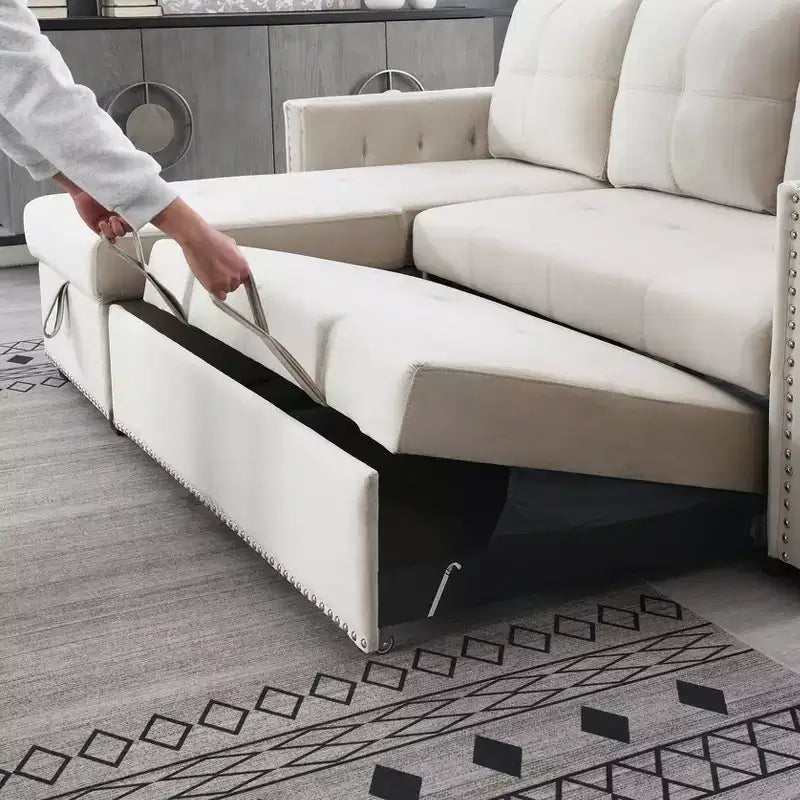 Velvet Sectional Sleeper Sofa Bed Button Tufted Couch with Reversible Storage Chaise - Morden Fort