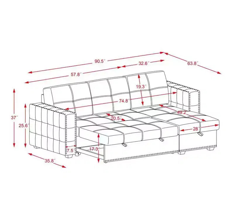 Velvet Sectional Sleeper Sofa Bed Button Tufted Couch with Reversible Storage Chaise - Morden Fort