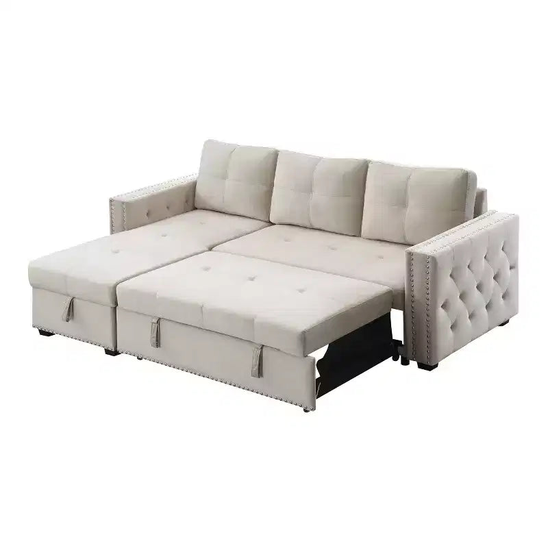 Velvet Sectional Sleeper Sofa Bed Button Tufted Couch with Reversible Storage Chaise - Morden Fort