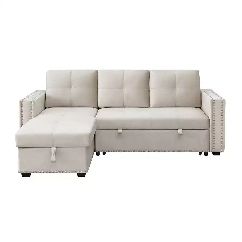 Velvet Sectional Sleeper Sofa Bed Button Tufted Couch with Reversible Storage Chaise - Morden Fort