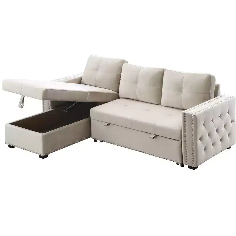 Velvet Sectional Sleeper Sofa Bed Button Tufted Couch with Reversible Storage Chaise - Morden Fort