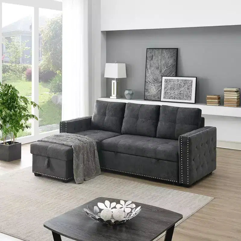 Velvet Sectional Sleeper Sofa Bed Button Tufted Couch with Reversible Storage Chaise - Morden Fort