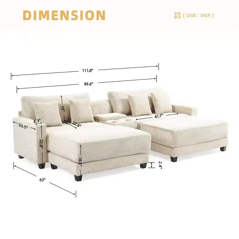 Hyleory 112'' Corduroy Sectional Sofa Bench with two ottomans and Storage side table living room