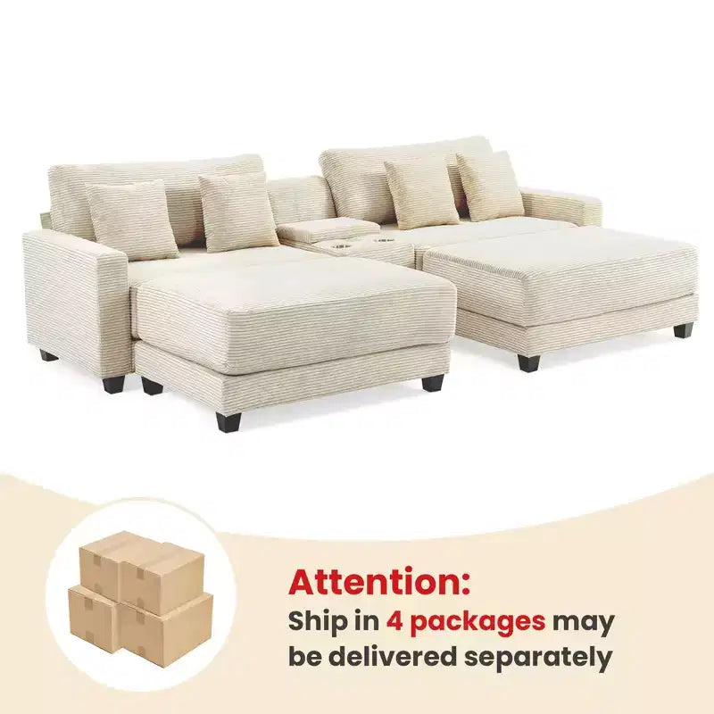 Hyleory 112'' Corduroy Sectional Sofa Bench with two ottomans and Storage side table living room