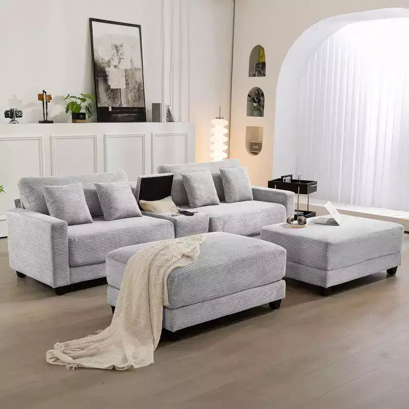 Hyleory 112'' Corduroy Sectional Sofa Bench with two ottomans and Storage side table living room