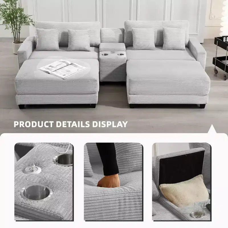 Hyleory 112'' Corduroy Sectional Sofa Bench with two ottomans and Storage side table living room