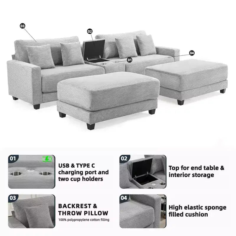 Hyleory 112'' Corduroy Sectional Sofa Bench with two ottomans and Storage side table living room