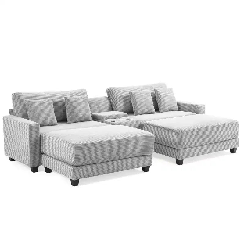 Hyleory 112'' Corduroy Sectional Sofa Bench with two ottomans and Storage side table living room