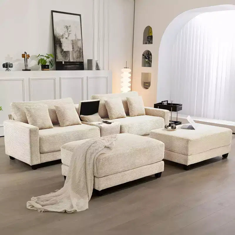 Hyleory 112'' Corduroy Sectional Sofa Bench with two ottomans and Storage side table living room