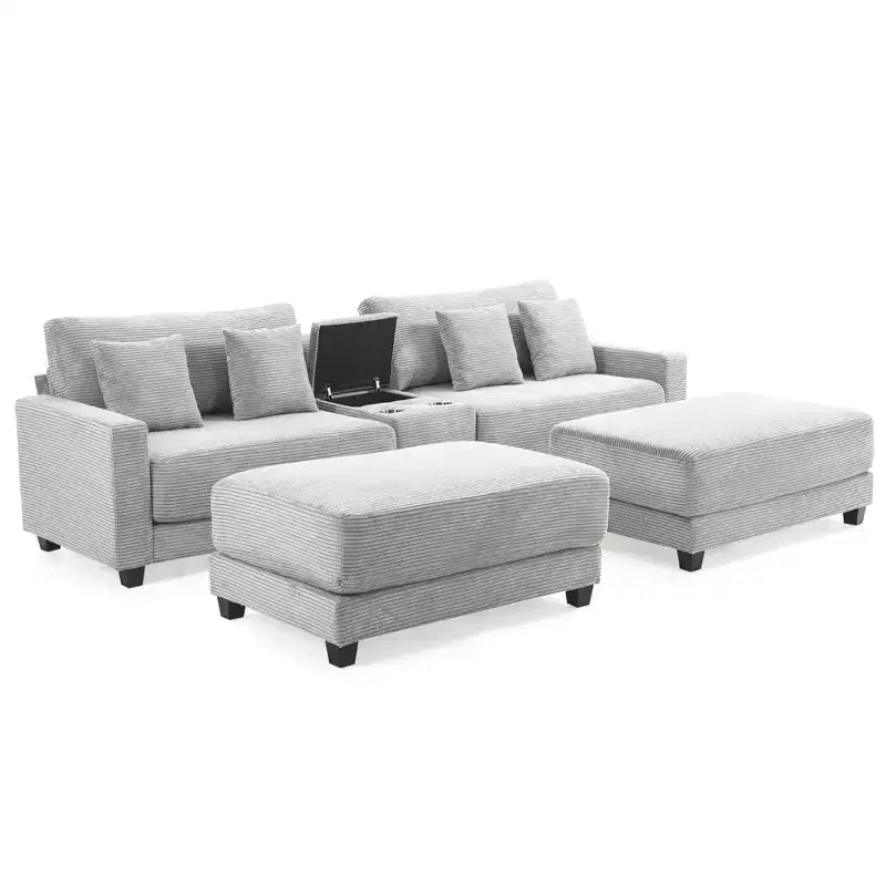 Hyleory 112'' Corduroy Sectional Sofa Bench with two ottomans and Storage side table living room