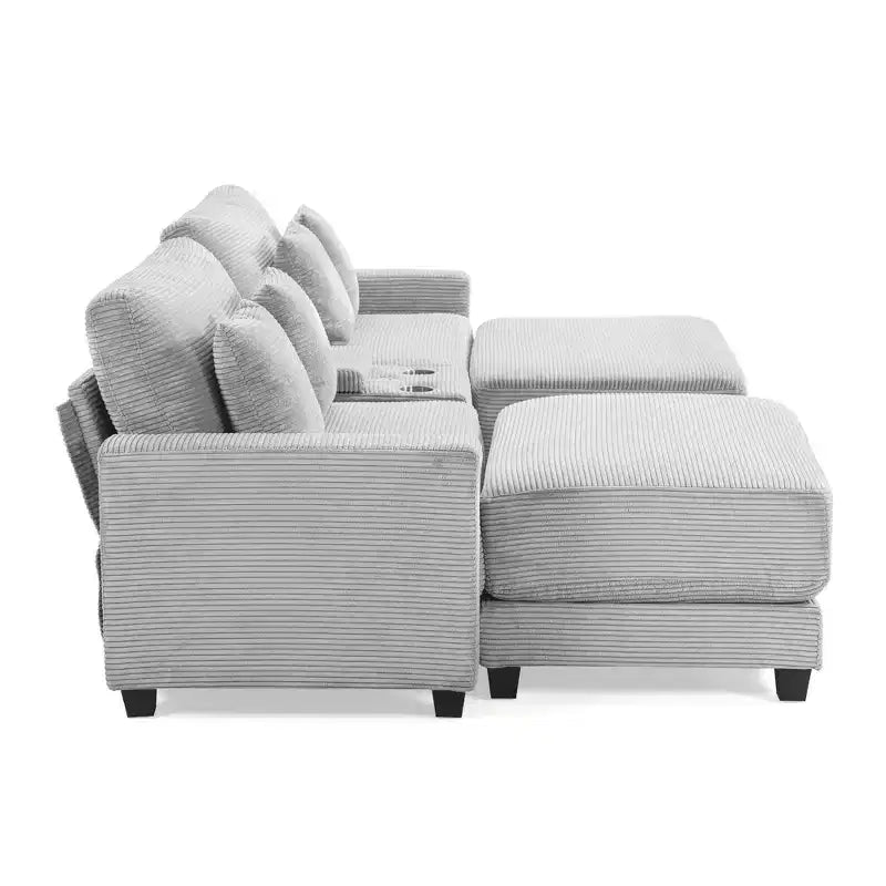 Hyleory 112'' Corduroy Sectional Sofa Bench with two ottomans and Storage side table living room