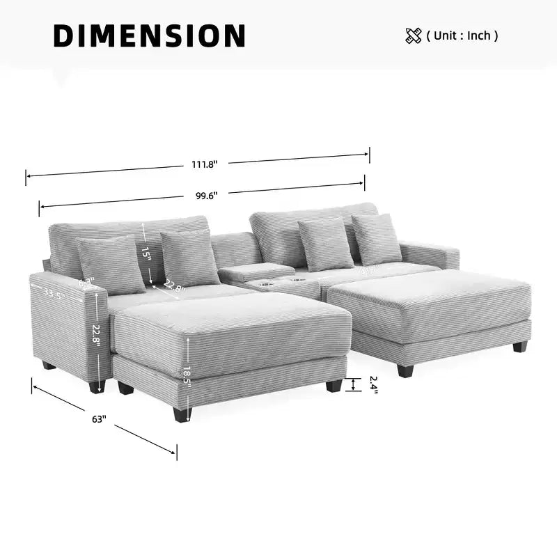 Hyleory 112'' Corduroy Sectional Sofa Bench with two ottomans and Storage side table living room