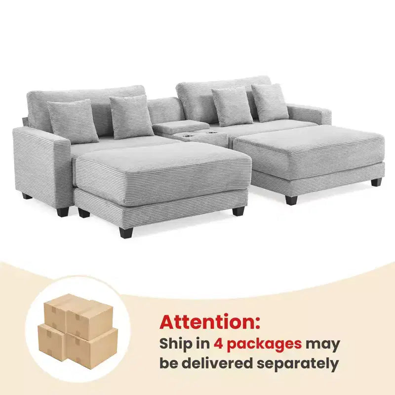 Hyleory 112'' Corduroy Sectional Sofa Bench with two ottomans and Storage side table living room