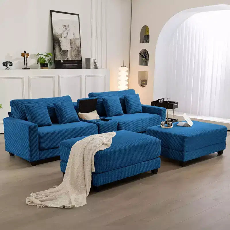 Hyleory 112'' Corduroy Sectional Sofa Bench with two ottomans and Storage side table living room
