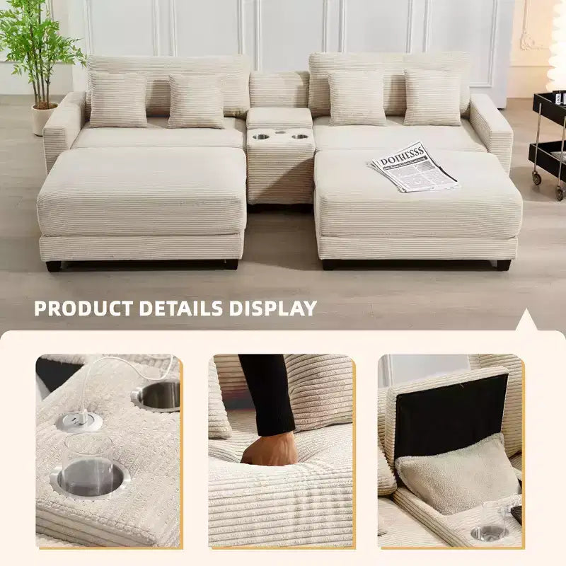 Hyleory 112'' Corduroy Sectional Sofa Bench with two ottomans and Storage side table living room