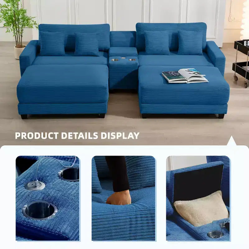 Hyleory 112'' Corduroy Sectional Sofa Bench with two ottomans and Storage side table living room