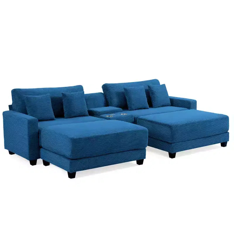 Hyleory 112'' Corduroy Sectional Sofa Bench with two ottomans and Storage side table living room