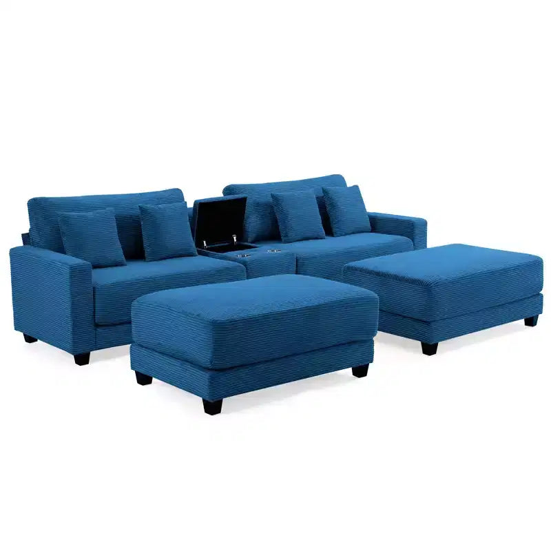 Hyleory 112'' Corduroy Sectional Sofa Bench with two ottomans and Storage side table living room