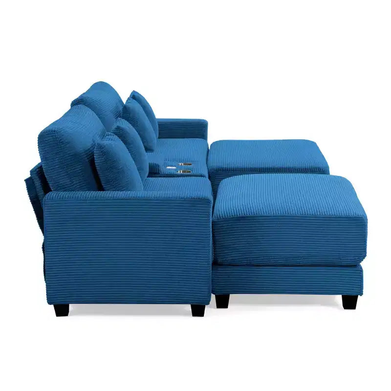 Hyleory 112'' Corduroy Sectional Sofa Bench with two ottomans and Storage side table living room