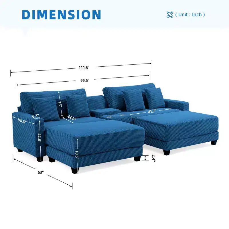 Hyleory 112'' Corduroy Sectional Sofa Bench with two ottomans and Storage side table living room
