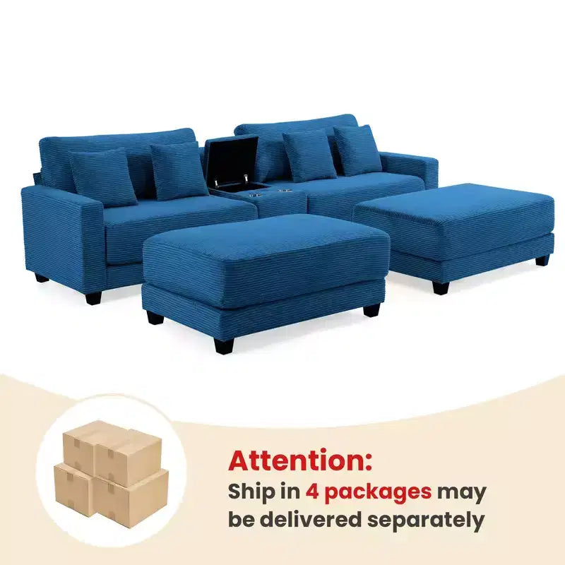 Hyleory 112'' Corduroy Sectional Sofa Bench with two ottomans and Storage side table living room