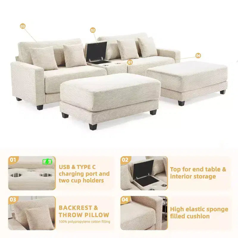 Hyleory 112'' Corduroy Sectional Sofa Bench with two ottomans and Storage side table living room