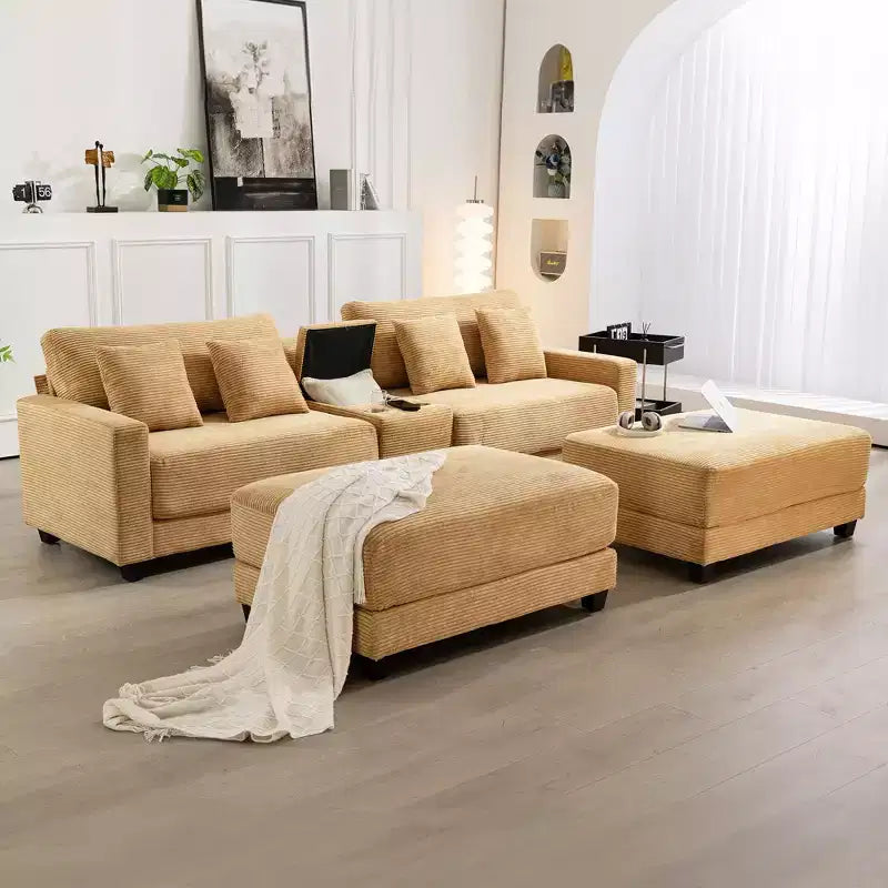 Hyleory 112'' Corduroy Sectional Sofa Bench with two ottomans and Storage side table living room