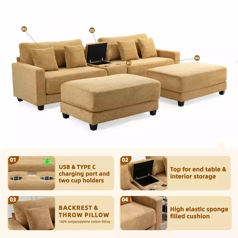 Hyleory 112'' Corduroy Sectional Sofa Bench with two ottomans and Storage side table living room