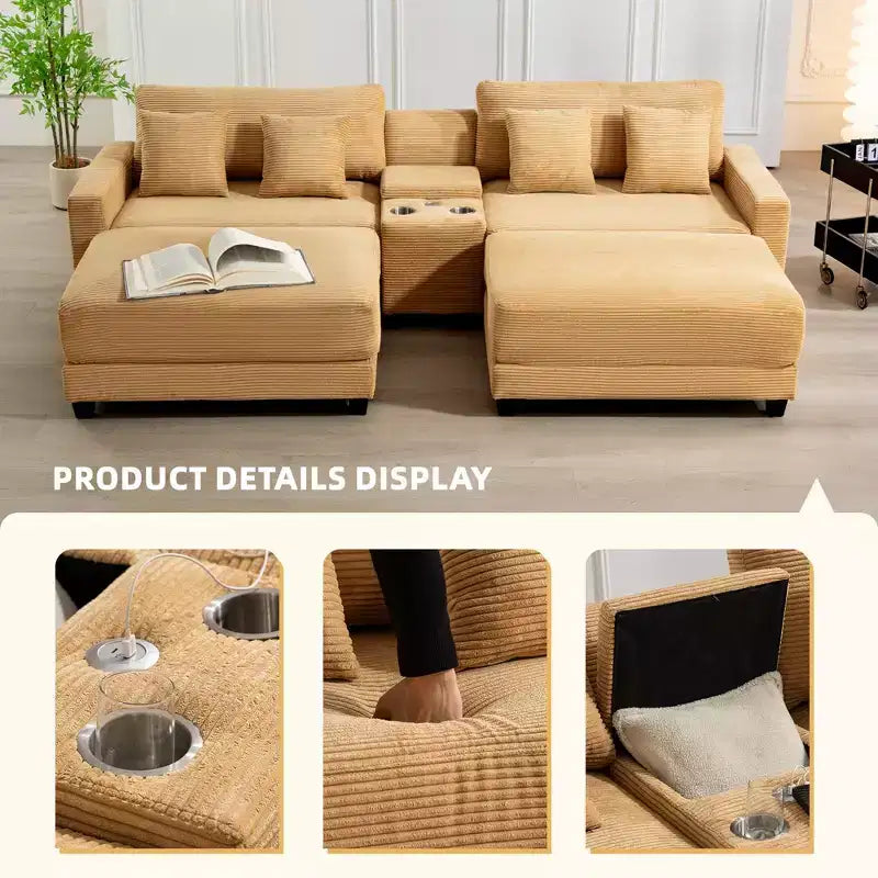 Hyleory 112'' Corduroy Sectional Sofa Bench with two ottomans and Storage side table living room