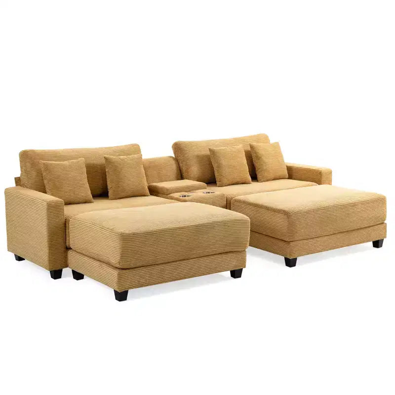 Hyleory 112'' Corduroy Sectional Sofa Bench with two ottomans and Storage side table living room