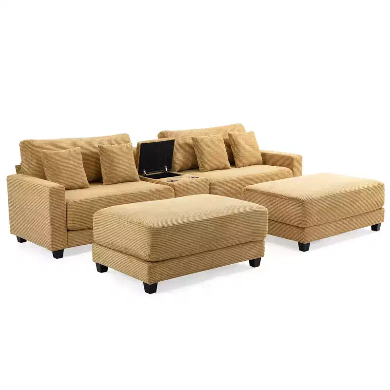 Hyleory 112'' Corduroy Sectional Sofa Bench with two ottomans and Storage side table living room
