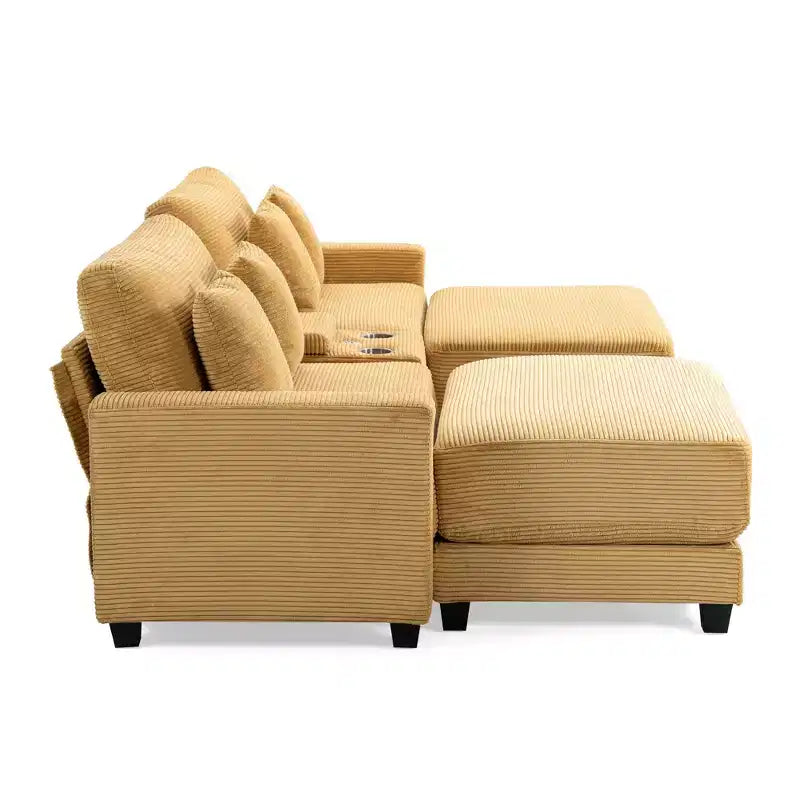 Hyleory 112'' Corduroy Sectional Sofa Bench with two ottomans and Storage side table living room