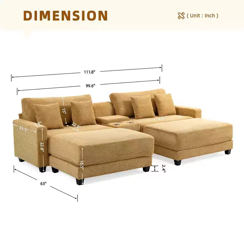 Hyleory 112'' Corduroy Sectional Sofa Bench with two ottomans and Storage side table living room