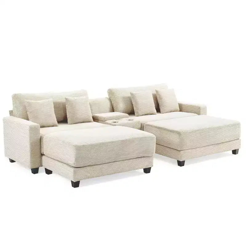 Hyleory 112'' Corduroy Sectional Sofa Bench with two ottomans and Storage side table living room