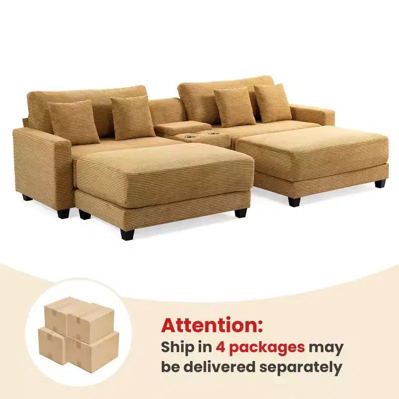 Hyleory 112'' Corduroy Sectional Sofa Bench with two ottomans and Storage side table living room