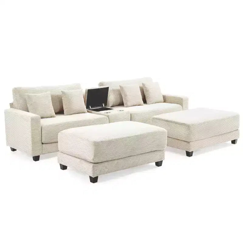 Hyleory 112'' Corduroy Sectional Sofa Bench with two ottomans and Storage side table living room