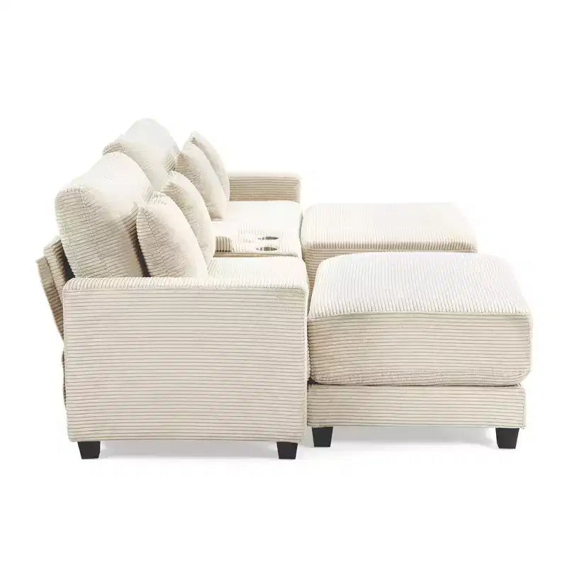 Hyleory 112'' Corduroy Sectional Sofa Bench with two ottomans and Storage side table living room