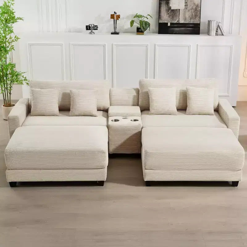 Hyleory 112'' Corduroy Sectional Sofa Bench with two ottomans and Storage side table living room