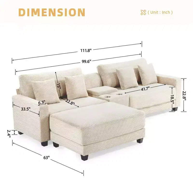 Hyleory 3 - Piece 112'' Corduroy Sectional Sofa with ottoman for living room