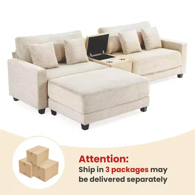 Hyleory 3 - Piece 112'' Corduroy Sectional Sofa with ottoman for living room
