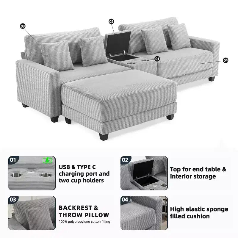 Hyleory 3 - Piece 112'' Corduroy Sectional Sofa with ottoman for living room