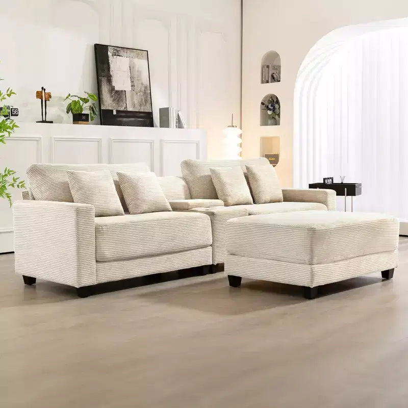 Hyleory 3 - Piece 112'' Corduroy Sectional Sofa with ottoman for living room