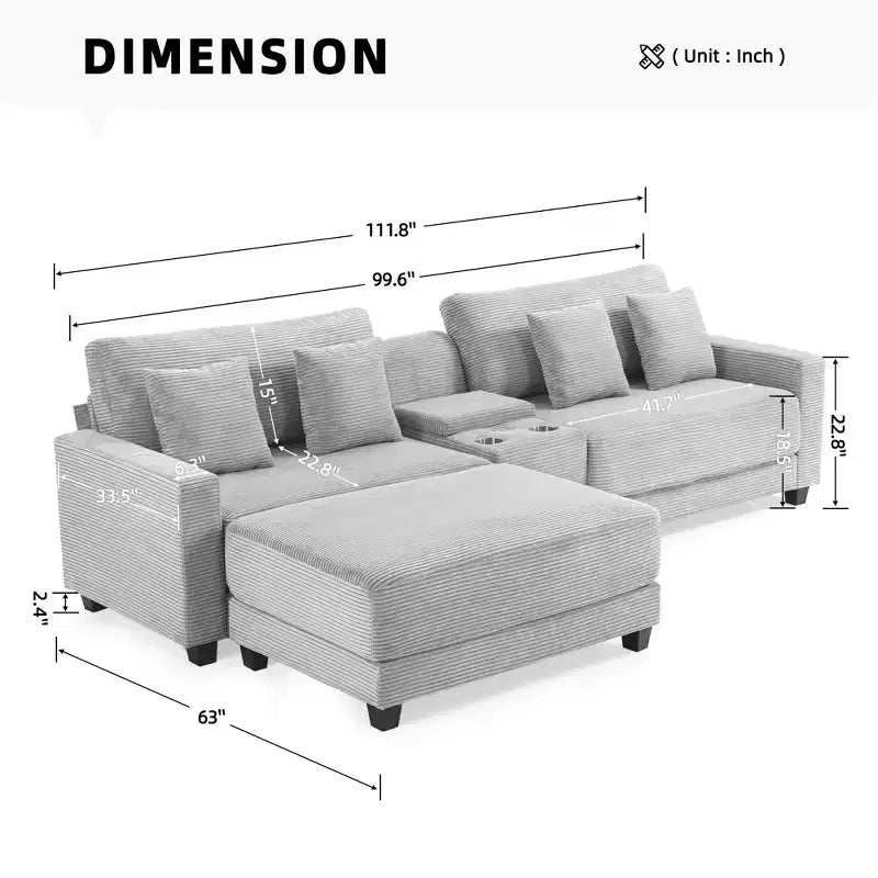 Hyleory 3 - Piece 112'' Corduroy Sectional Sofa with ottoman for living room