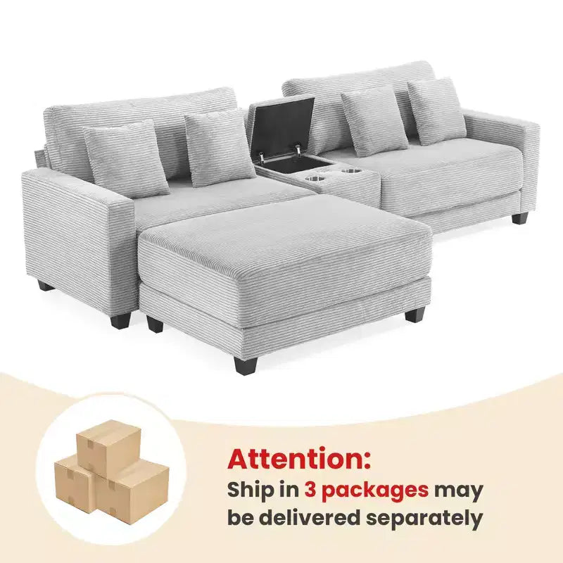 Hyleory 3 - Piece 112'' Corduroy Sectional Sofa with ottoman for living room