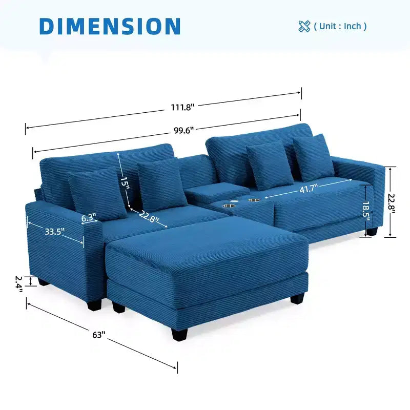 Hyleory 3 - Piece 112'' Corduroy Sectional Sofa with ottoman for living room