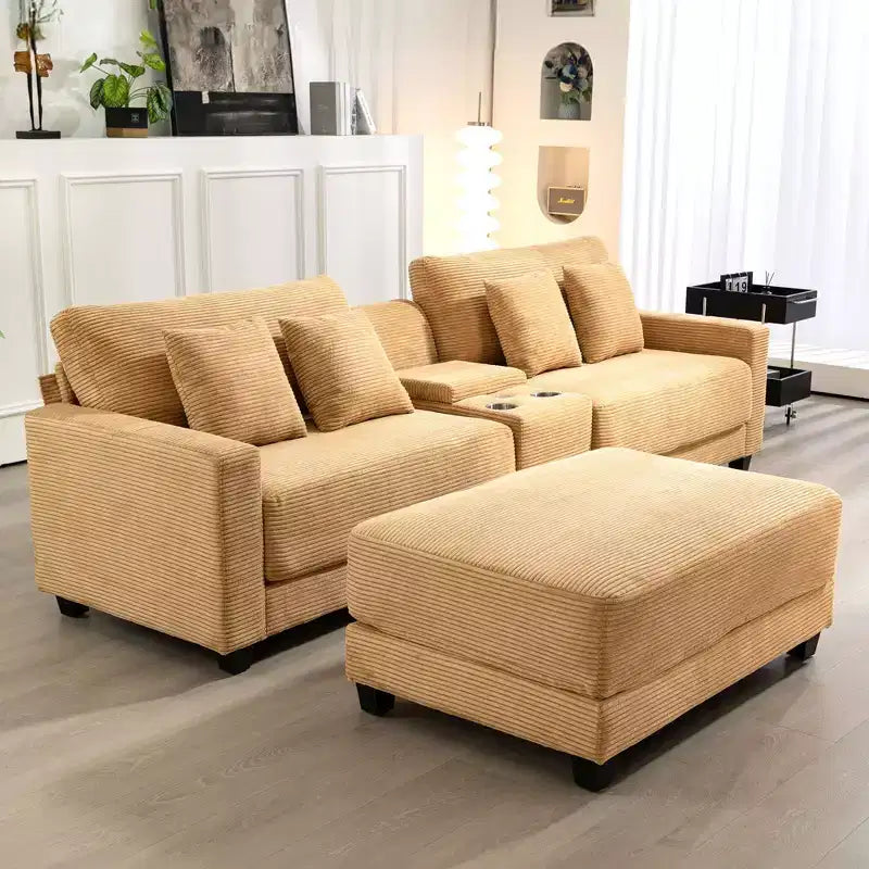 Hyleory 3 - Piece 112'' Corduroy Sectional Sofa with ottoman for living room