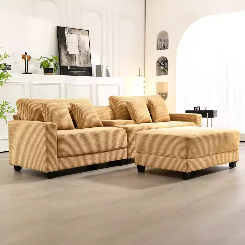 Hyleory 3 - Piece 112'' Corduroy Sectional Sofa with ottoman for living room