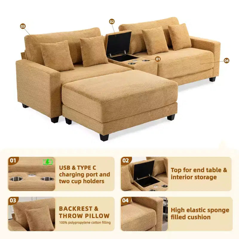 Hyleory 3 - Piece 112'' Corduroy Sectional Sofa with ottoman for living room